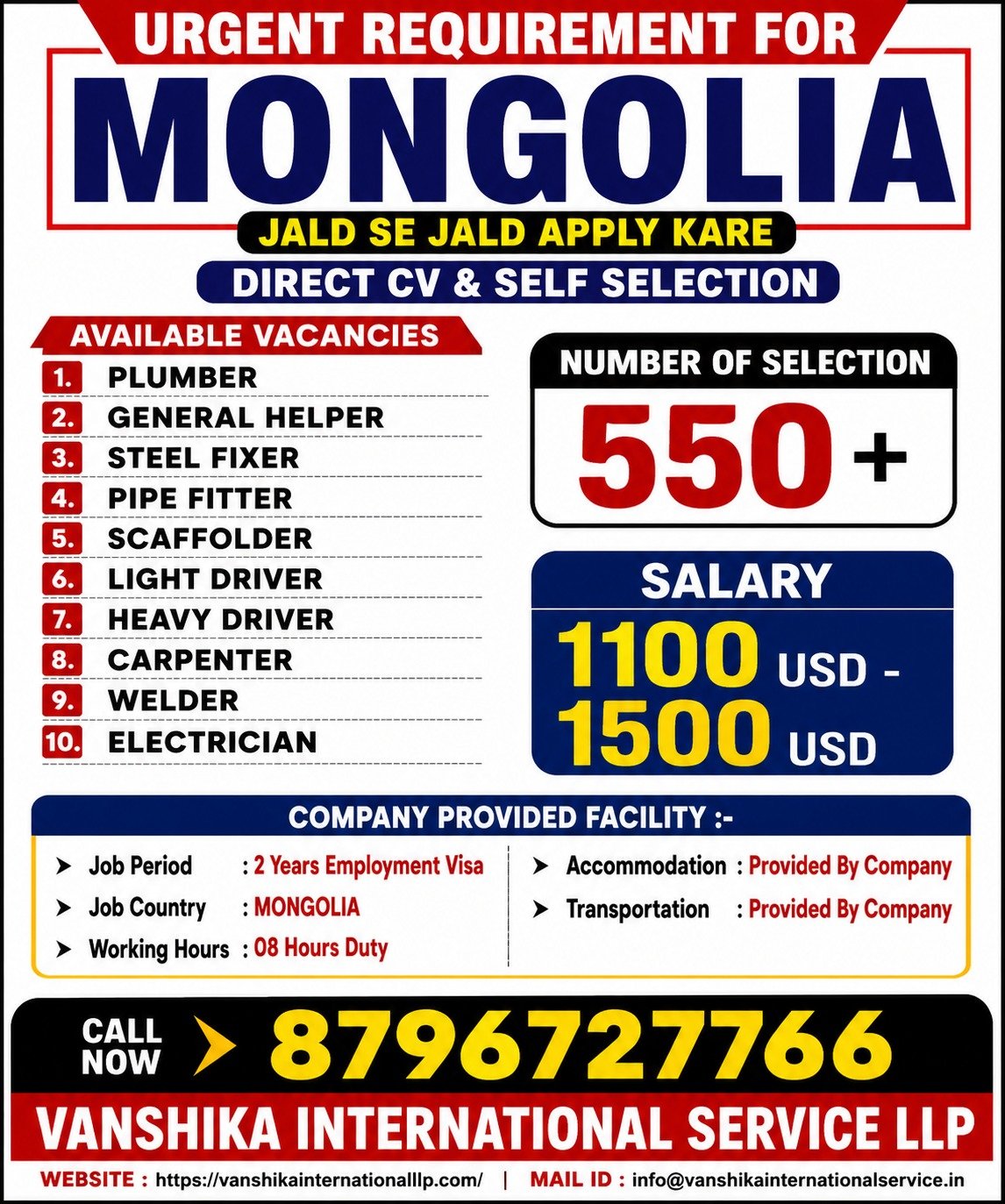 Urgent Requirement for Mongolia - Skilled Trades