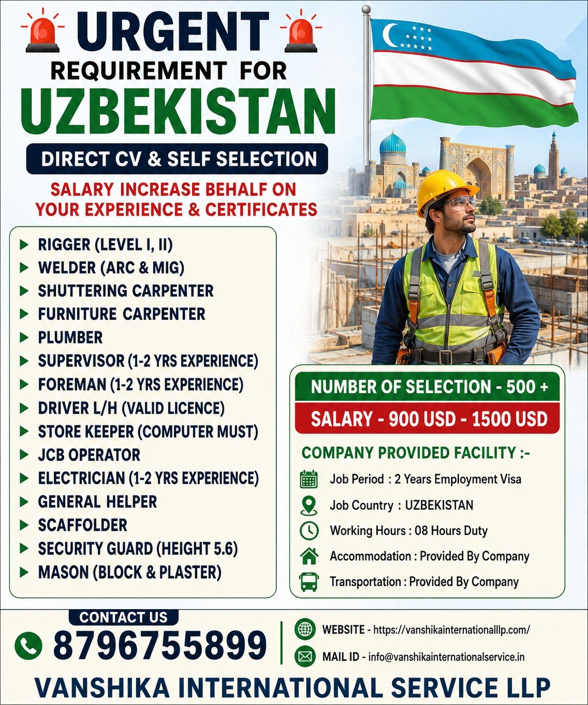 Urgent Requirement for Uzbekistan - Construction & Trades