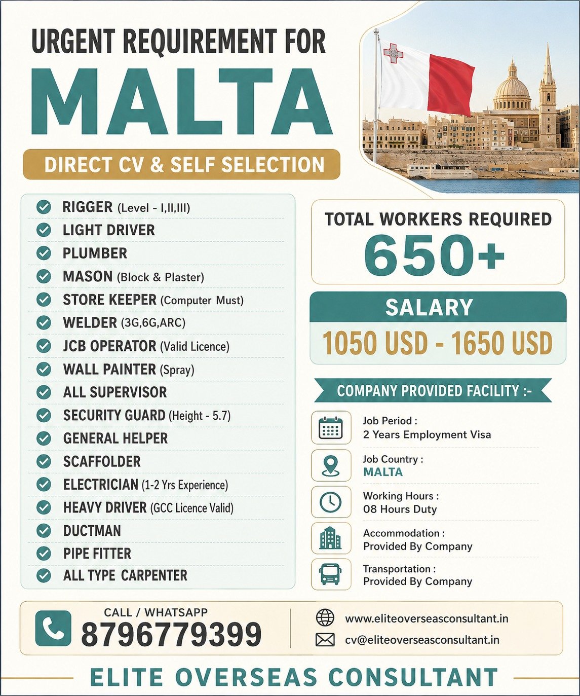 Urgent Requirement for Malta - Construction & Trades