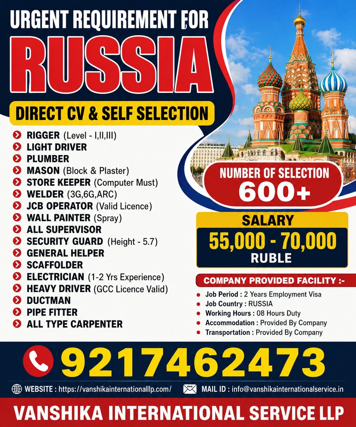 Urgent Requirement for Russia - Construction & Trades