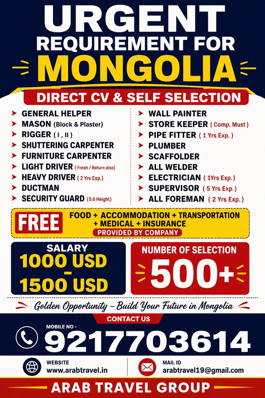 Urgent Requirement for Mongolia - Construction & Trades
