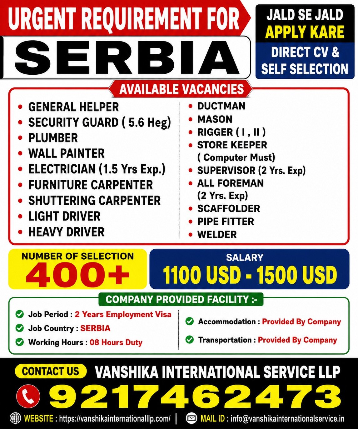 Urgent Requirement for Serbia - Construction & Trades